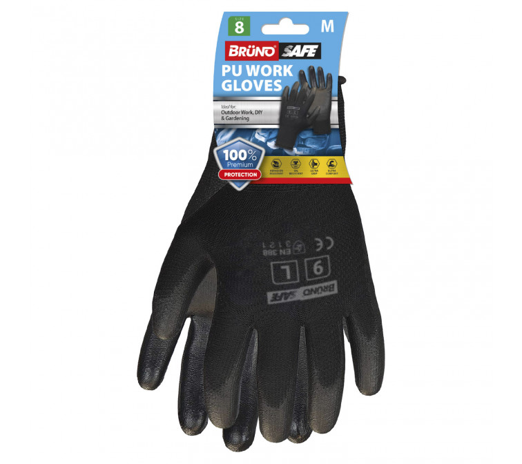 Brund Safe PU Work Gloves (Black, Size 8)